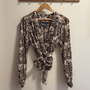 Tie-Waist Floral Wrap Blouse in Beige and Black